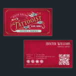 QR Code Vintage Tattoo Artist Red Professional Business Card<br><div class="desc">Make a lasting impression with your QR Code Vintage Tattoo Artist Red Professional Business Card! Show off your tattooing skills in style, as this beautiful business card displays your profession in bold serif font surrounded by soft blue green flowers on a classy red background. Your name and the year you...</div>