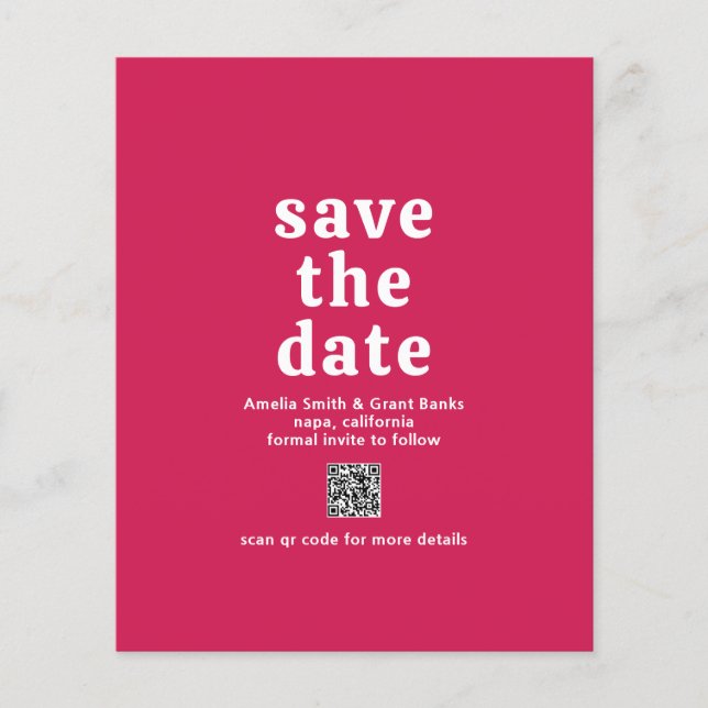 QR Code Viva Magenta Budget Wedding Save The Date Flyer (Front)