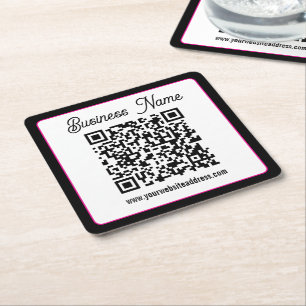 QR Code w/Script Cursive Handwriting Square Paper Coaster