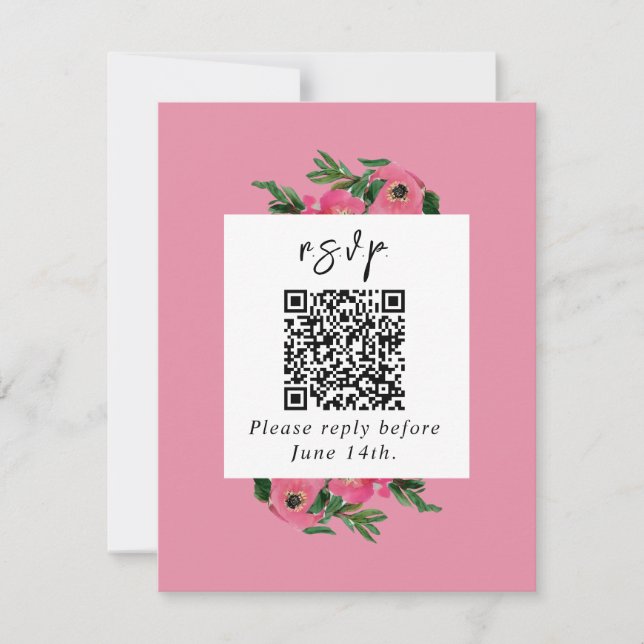 QR Code Watercolor Anemone Pink Wedding RSVP Card (Front)