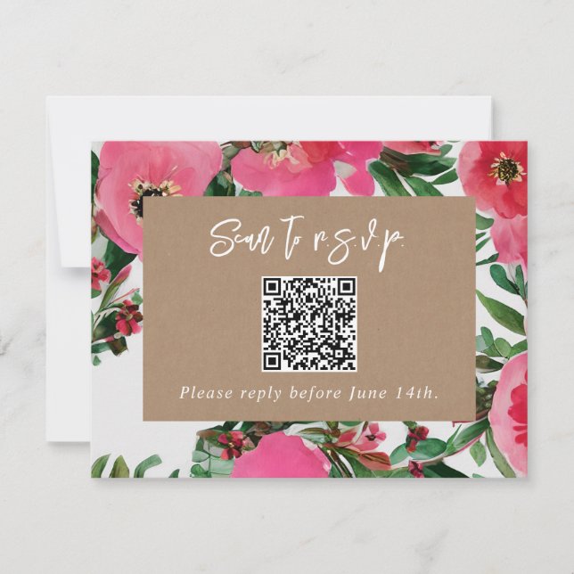 QR Code Watercolor Pink Anemone Wedding RSVP (Front)