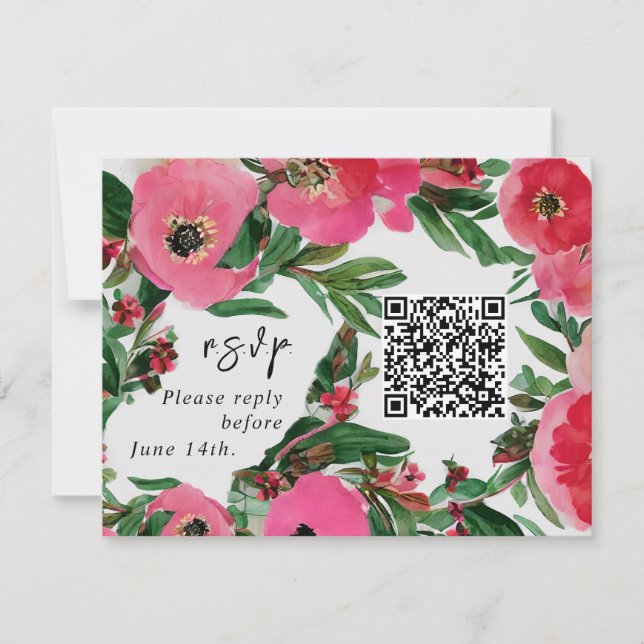 QR Code Watercolor Pink Anemone Wedding RSVP Card (Front)