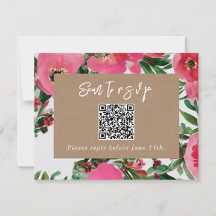QR Code Watercolor Pink Anemone Wedding RSVP Card