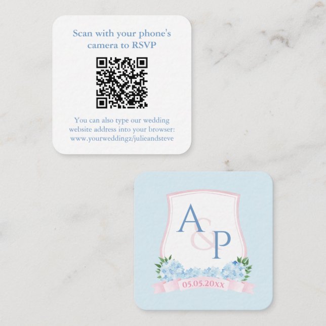 QR Code Watercolor Pink Blue Wedding RSVP Enclosure Card (Front/Back)