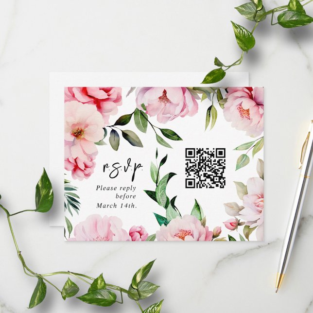 QR Code Watercolor Pink Peony Wedding RSVP Card (Creator Uploaded)