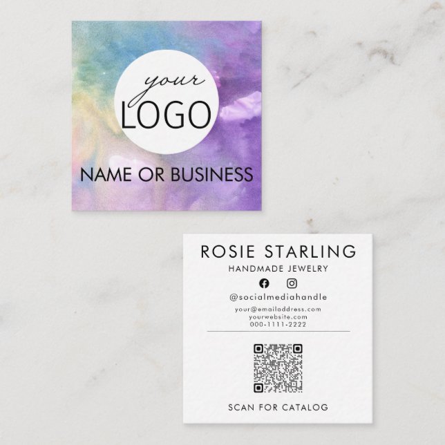 QR Code Watercolor Professional Logo Square Square Business Card (Front/Back)
