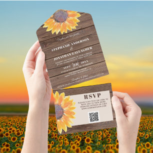 QR Code Watercolor Sunflower Barn Wood All In One  Invitation