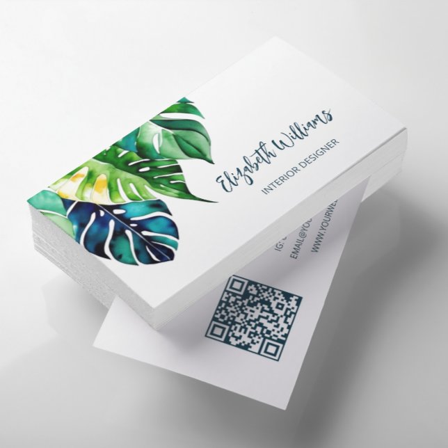 QR Code |  Watercolor Tropical Leaves Business Card (Creator Uploaded)