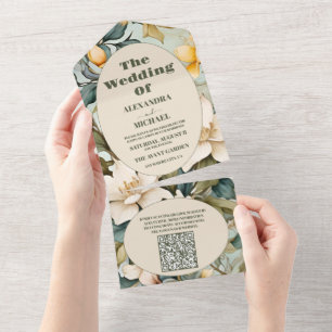 QR Code Watercolor White Lily  Art Nouveau Wedding All In One Invitation