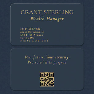 QR Code Wealth Manager Navy Blue Gold  Business Card