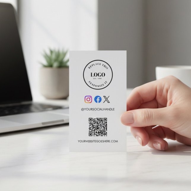 QR code website Custom logo Business Social Media  Card (Customizable business card design with logo, social handle, QR code and website. Simple modern .)