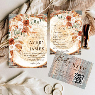 QR Code Wedding Invitation Boho Pampas Wood Slice