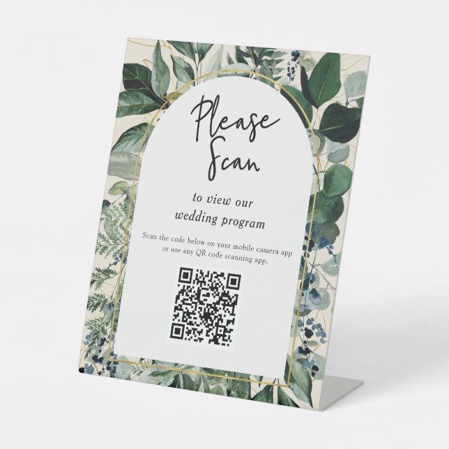QR code wedding program Modern Botanical Greenery  Pedestal Sign (Front)