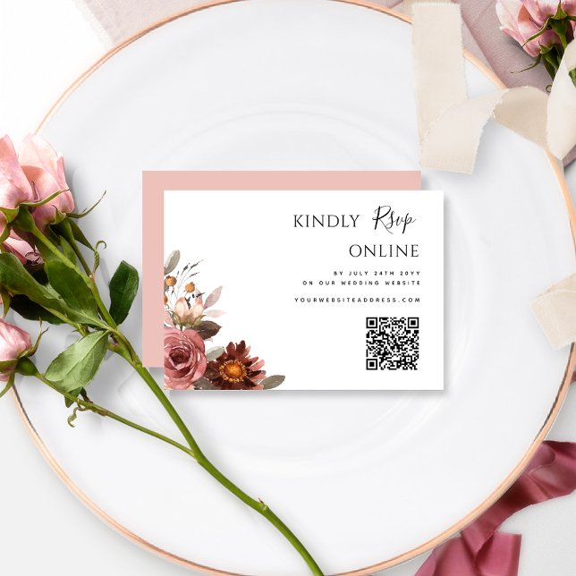QR Code Wedding RSVP Online Burgundy, Blush Pink Enclosure Card (Creator Uploaded)