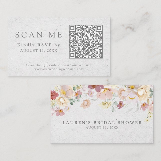QR Code & Wedding Website Blush Pink Floral RSVP Enclosure Card (Front/Back)