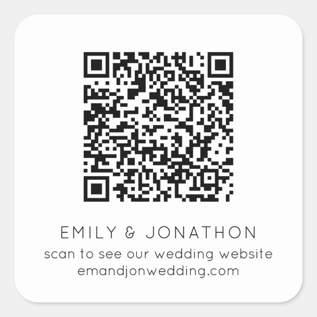 QR Code Wedding Website Names Black White Square Sticker (Front)