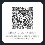 QR Code Wedding Website Names Black White Square Sticker<br><div class="desc">QR Code Wedding Website Names Black and White. The text can be easily personalised. You can also change background and text colours to match your wedding theme if you wish via the Customize Further option. Your QR code will be automatically generated to update the sample code in the design, when...</div>