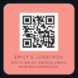 QR Code Wedding Website Names Coral Rose  Square Sticker<br><div class="desc">QR Code Wedding Website Names Coral Rose. The text can be easily personalised and replace the QR Code with your own. You can also change background and text colours to match your wedding theme if you wish via the Customize Further option.</div>
