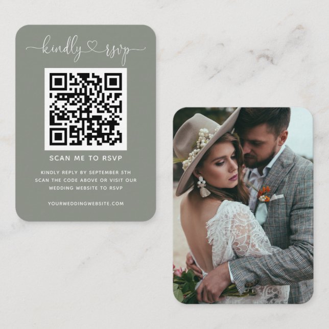 QR Code Wedding Website RSVP Sage Green Photo Enclosure Card (Front/Back)
