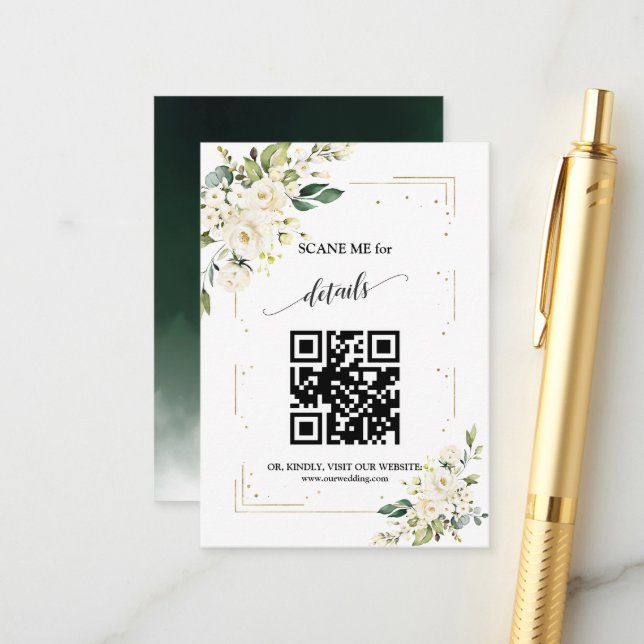 QR Code Wedding White Floral Gold Enclosure Card (Front/Back In Situ)