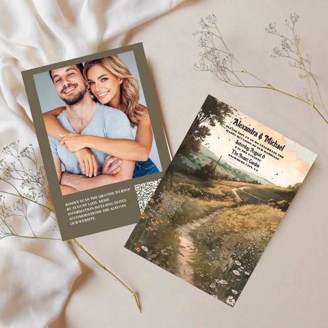 QR Code Whimsical Rustic Wildflower Meadow Wedding Invitation (Creator Uploaded)