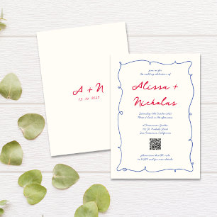 QR code Whimsical Wavy Colourful Monogram Wedding Invitation