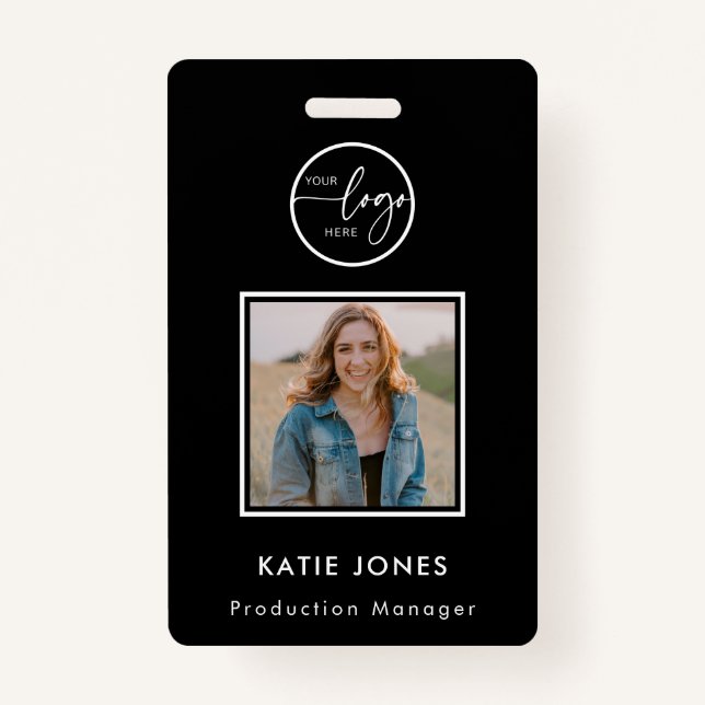 QR Code White Black Custom Logo Employee Photo ID Badge (Front)