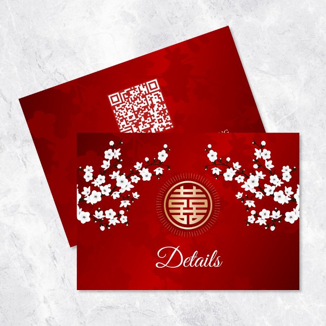 QR Code | White Cherry Blossom Chinese Wedding Enclosure Card (Creator Uploaded)
