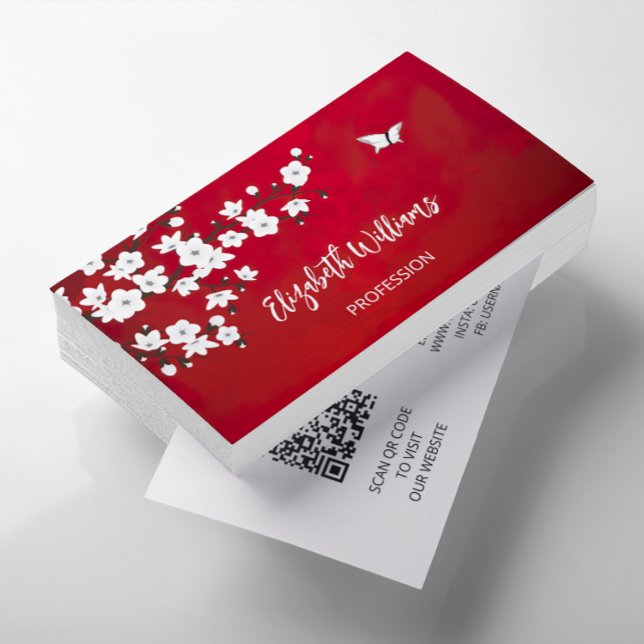QR Code | White Cherry Blossom Red Business Card (Creator Uploaded)