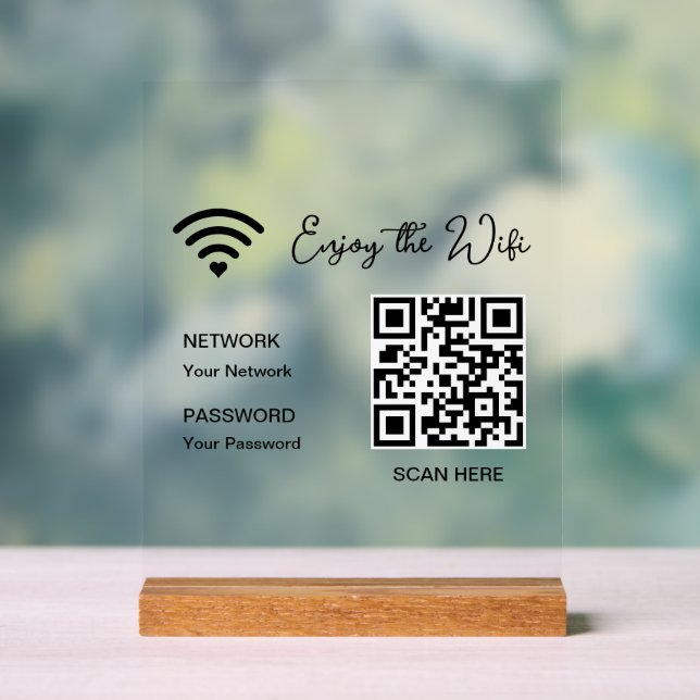 QR Code White Enjoy The Wifi Tabletop Acrylic Sign (Neutral)