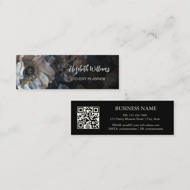 QR Code | White Rose Black Mini Business Card (Front/Back)