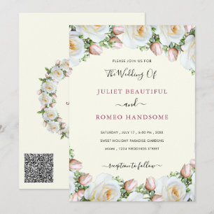 QR Code White Roses Wedding Invitations Template