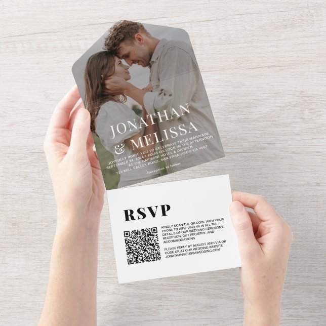 QR Code |  White Simple Overlay Photo Wedding All In One Invitation (Tearaway)