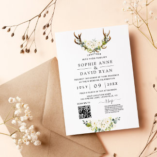 QR Code White Watercolour Flowers Antlers Wedding Invitation