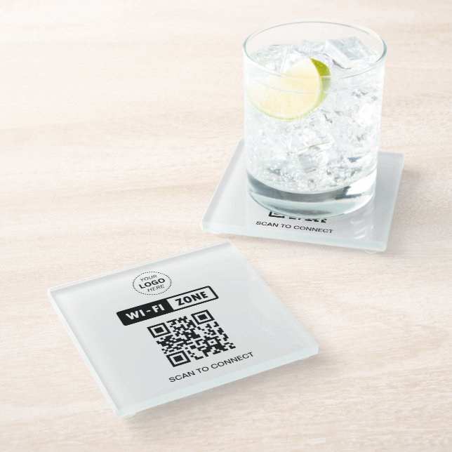 QR Code Wifi Business Logo Scan to Connect Glass Coaster (Angled)