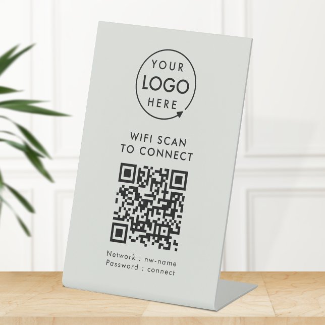 QR Code Wifi | Grey Business Logo Internet Connect Pedestal Sign (Company branded WiFi tabletop signs with QR code, connecting users seamlessly to your Wi-Fi.)