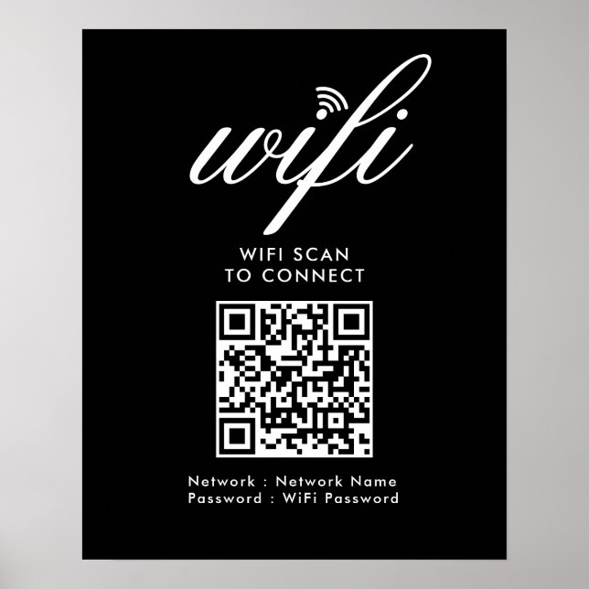 QR Code Wifi Scan to Connect Custom Branded Black Poster (Front)