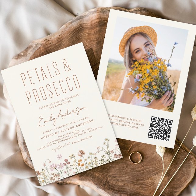 QR Code Wildflower Petals & Prosecco Bridal Shower Invitation (Creator Uploaded)