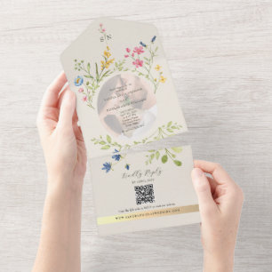 QR Code Wildflower Photo Wedding All In One Invitation
