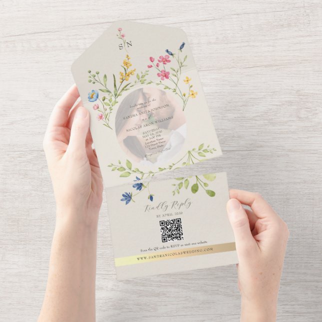 QR Code Wildflower Photo Wedding All In One Invitation (Tearaway)
