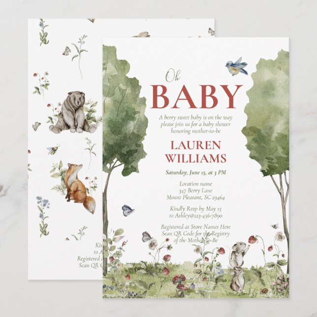 QR Code Wildflower Strawberry Oh Baby Shower Invitation (Front/Back)
