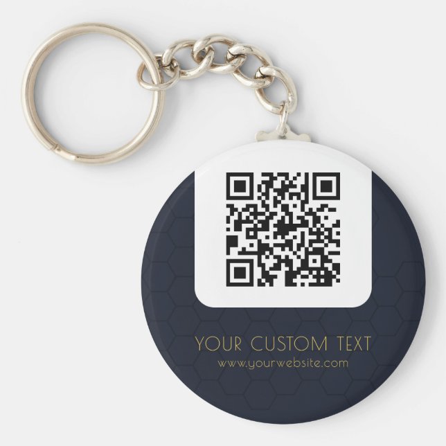 QR Code with custom text navy blue elegant Keychain (Front)