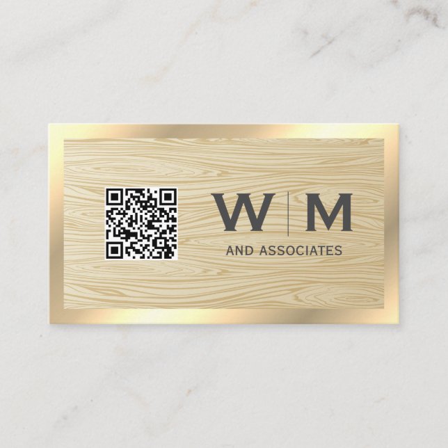 QR Code Wood Grain | Gold Border Business Card (Front)