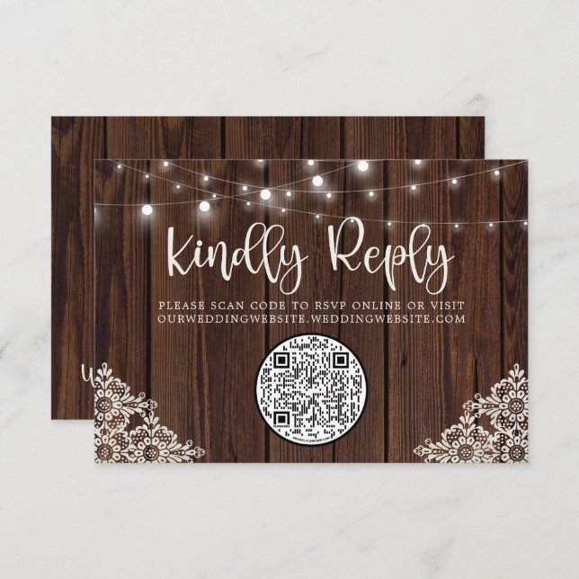 QR Code Wood String Lights Lace Wedding RSVP (Front/Back)