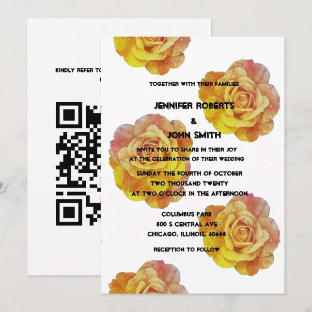 QR Code Yellow Orange Floral Rose Boho Wedding Invitation (Front/Back)