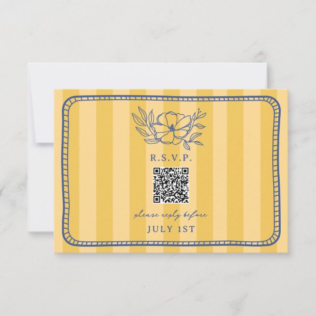 QR Code Yellow Stripe Blue Floral Wedding QR RSVP (Front)