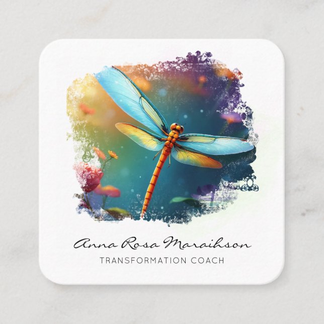 *~* QR Colourful  Lotus Lily  Abstract Dragonfly   Square Business Card (Front)