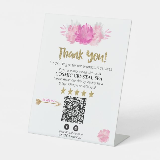 *~* QR FLORAL PINK Review Logo THANK YOU AP8  Pedestal Sign (Front)