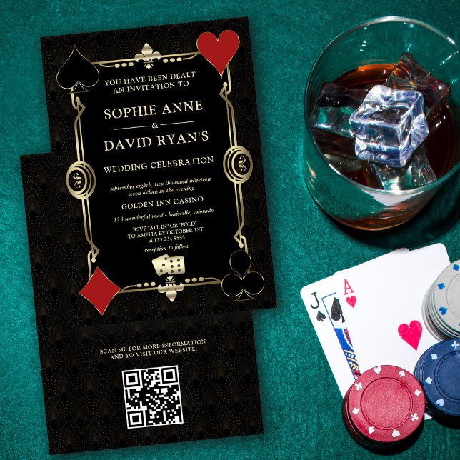 QR Gold Art Deco 1920s Casino Vegas Poker Wedding  Invitation (Creator Uploaded)