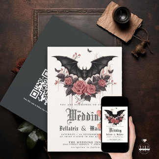 QR Goth Rosewood Roses Black Bat Bouquet Invitation